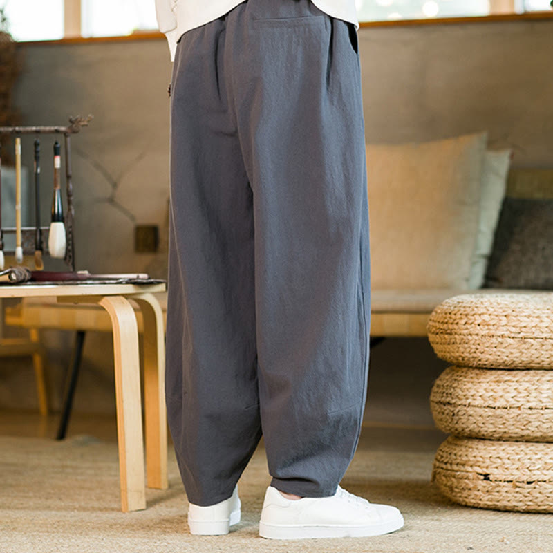 Solid Color Cotton Linen Drawstring Men's Harem Pants With Pockets