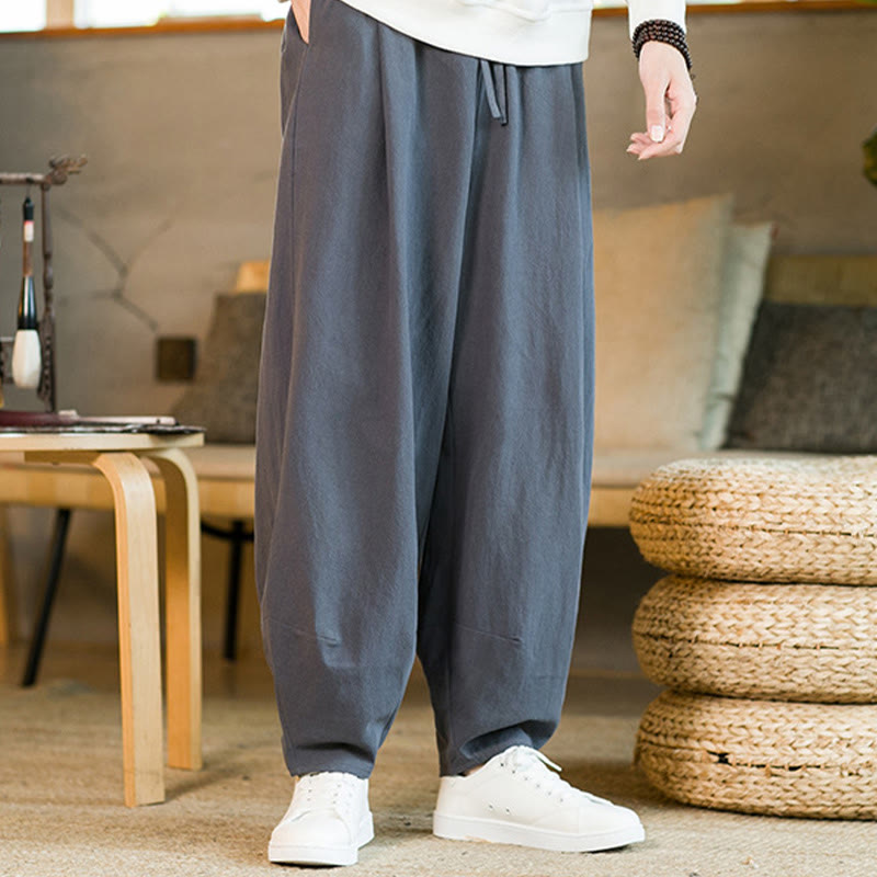 Solid Color Cotton Linen Drawstring Men's Harem Pants With Pockets