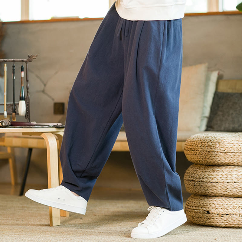 Solid Color Cotton Linen Drawstring Men's Harem Pants With Pockets