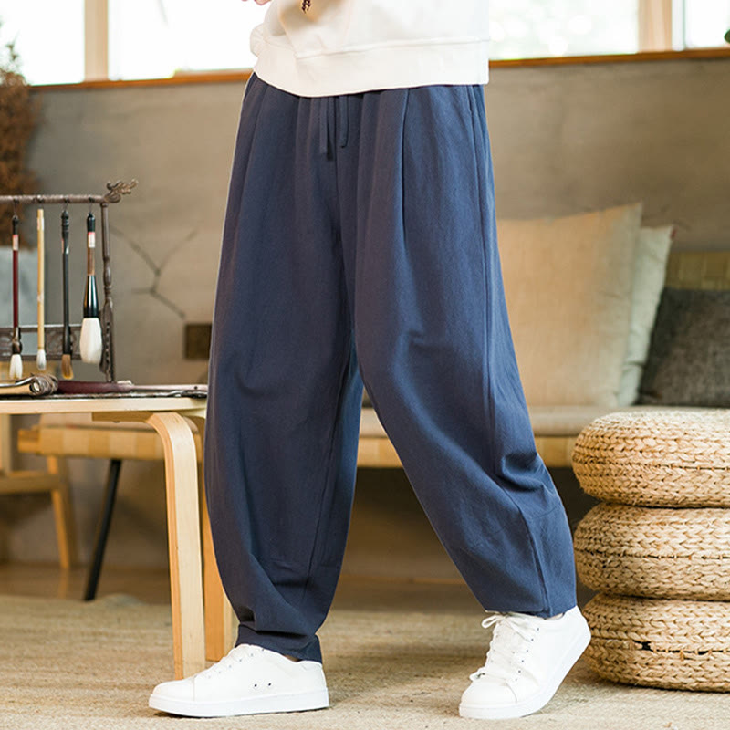 Solid Color Cotton Linen Drawstring Men's Harem Pants With Pockets