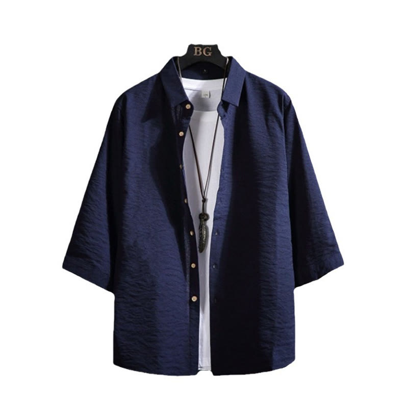 Casual Solid Color Front Button Three Quarter Sleeves Men's Shirt