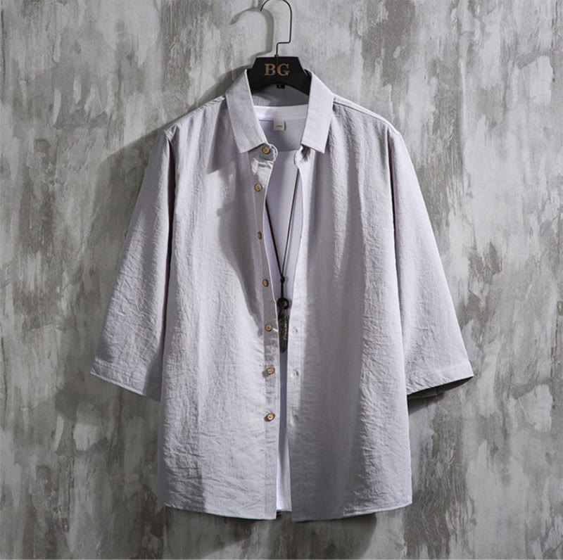 Casual Solid Color Front Button Three Quarter Sleeves Men's Shirt