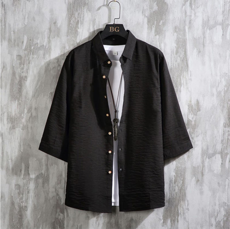 Casual Solid Color Front Button Three Quarter Sleeves Men's Shirt