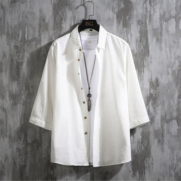 Casual Solid Color Front Button Three Quarter Sleeves Men's Shirt