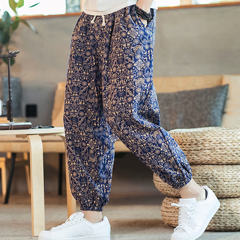 Golden Mandala Pattern Cotton Linen Drawstring Men's Harem Pants With Pockets