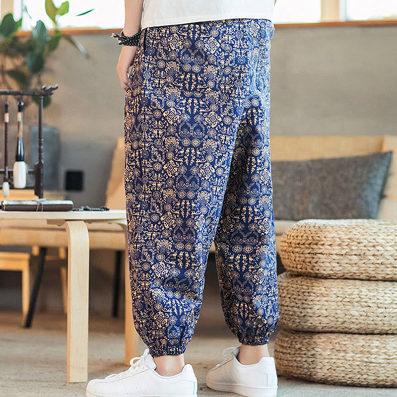 Golden Mandala Pattern Cotton Linen Drawstring Men's Harem Pants With Pockets