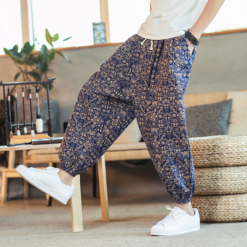 Golden Mandala Pattern Cotton Linen Drawstring Men's Harem Pants With Pockets