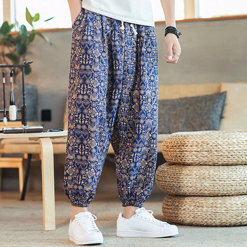 Golden Mandala Pattern Cotton Linen Drawstring Men's Harem Pants With Pockets
