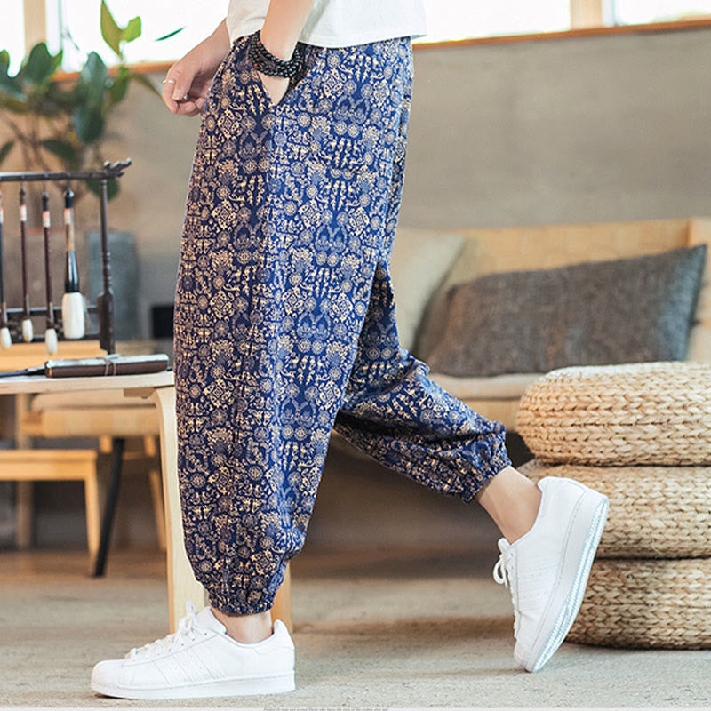 Golden Mandala Pattern Cotton Linen Drawstring Men's Harem Pants With Pockets