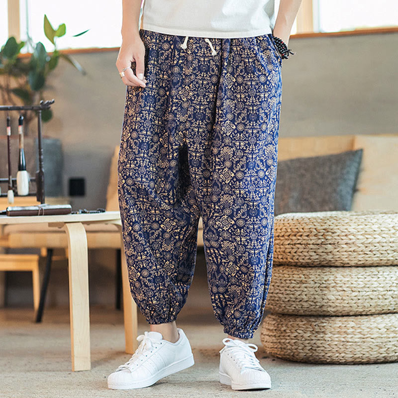 Golden Mandala Pattern Cotton Linen Drawstring Men's Harem Pants With Pockets