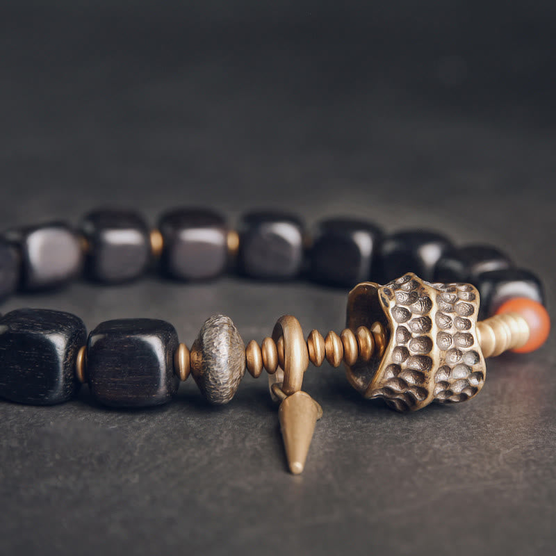 Square Ebony Wood and Red Agate Mixed Metal Copper Brass Bracelet