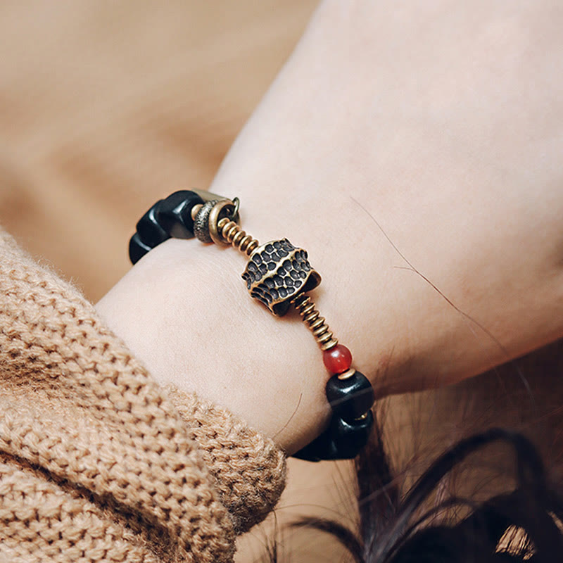 Square Ebony Wood and Red Agate Mixed Metal Copper Brass Bracelet
