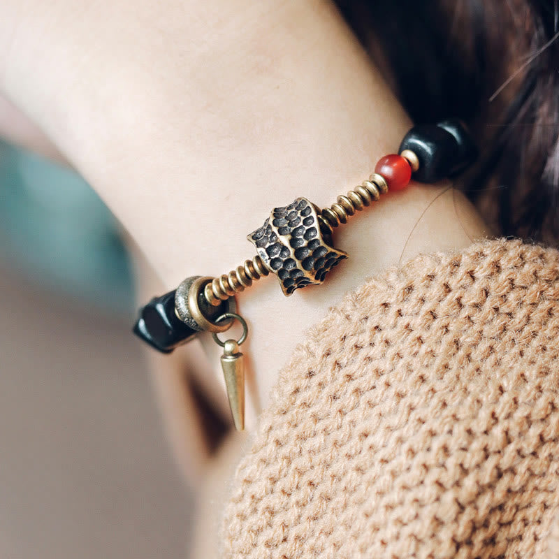 Square Ebony Wood and Red Agate Mixed Metal Copper Brass Bracelet