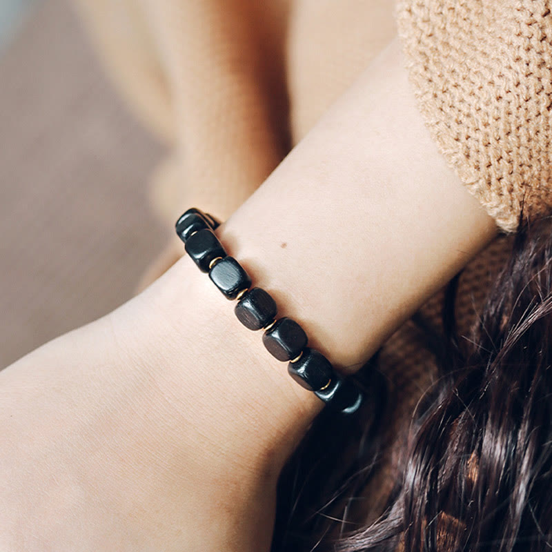 Square Ebony Wood and Red Agate Mixed Metal Copper Brass Bracelet