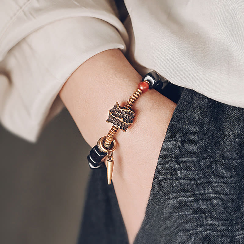 Square Ebony Wood and Red Agate Mixed Metal Copper Brass Bracelet