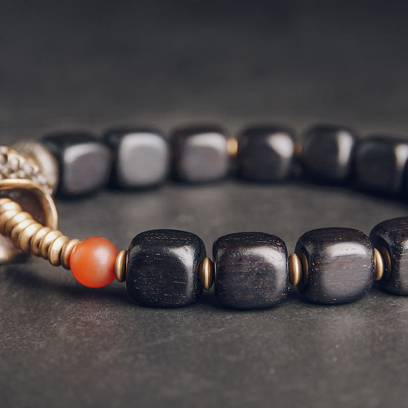 Square Ebony Wood and Red Agate Mixed Metal Copper Brass Bracelet