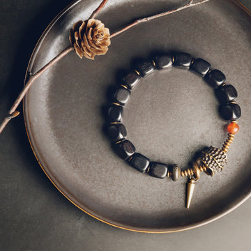 Square Ebony Wood and Red Agate Mixed Metal Copper Brass Bracelet