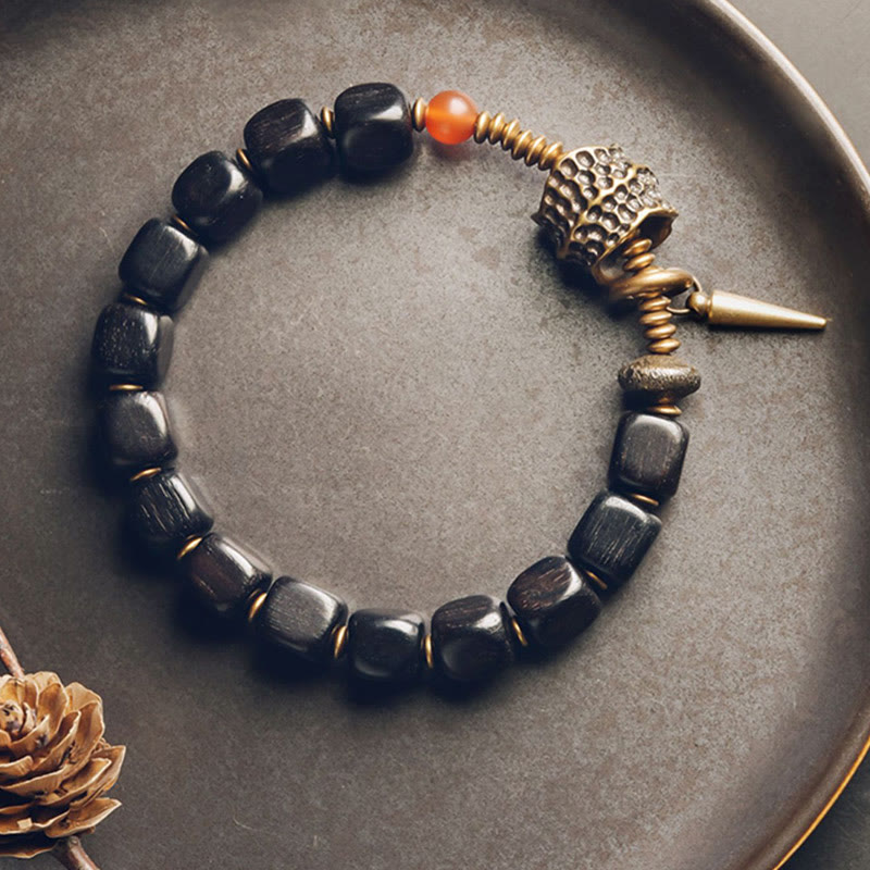 Square Ebony Wood and Red Agate Mixed Metal Copper Brass Bracelet