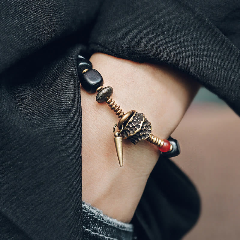 Square Ebony Wood and Red Agate Mixed Metal Copper Brass Bracelet