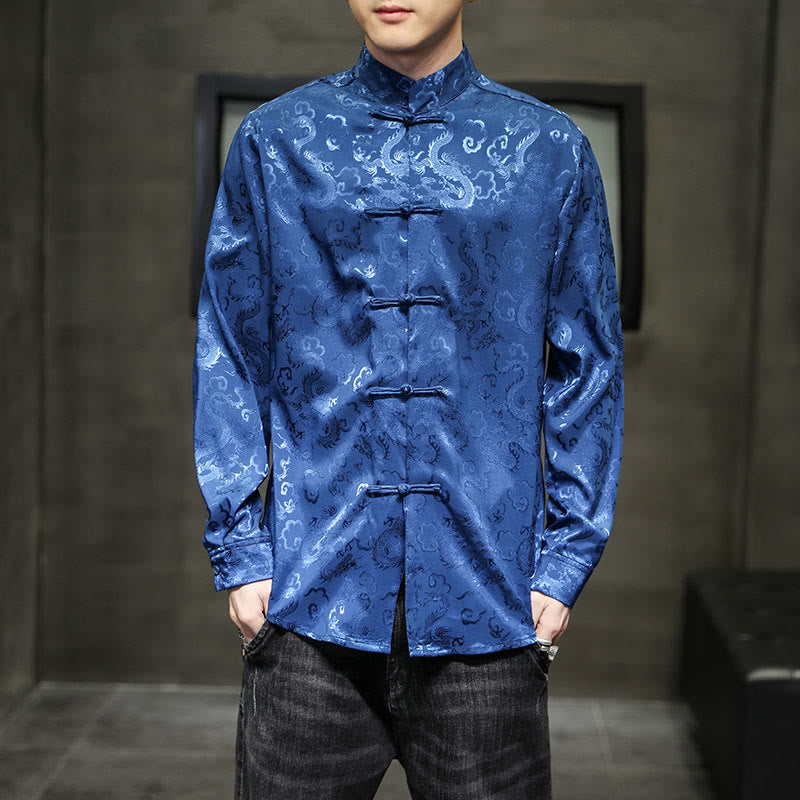 Breathable Linen Dragon Pattern Stand Collar Men's Jacket Shirt