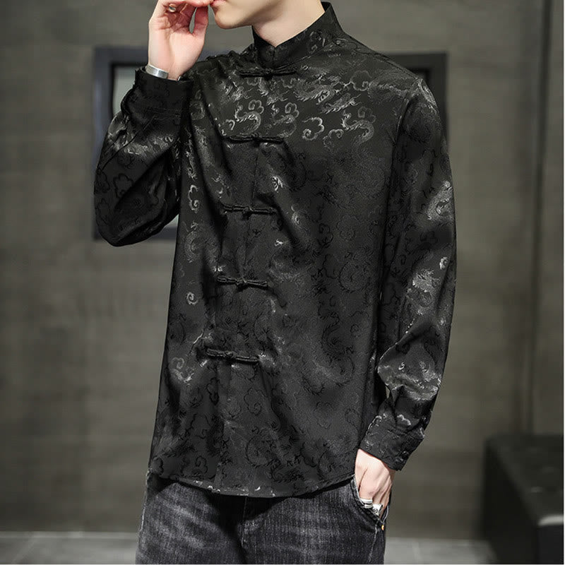 Breathable Linen Dragon Pattern Stand Collar Men's Jacket Shirt