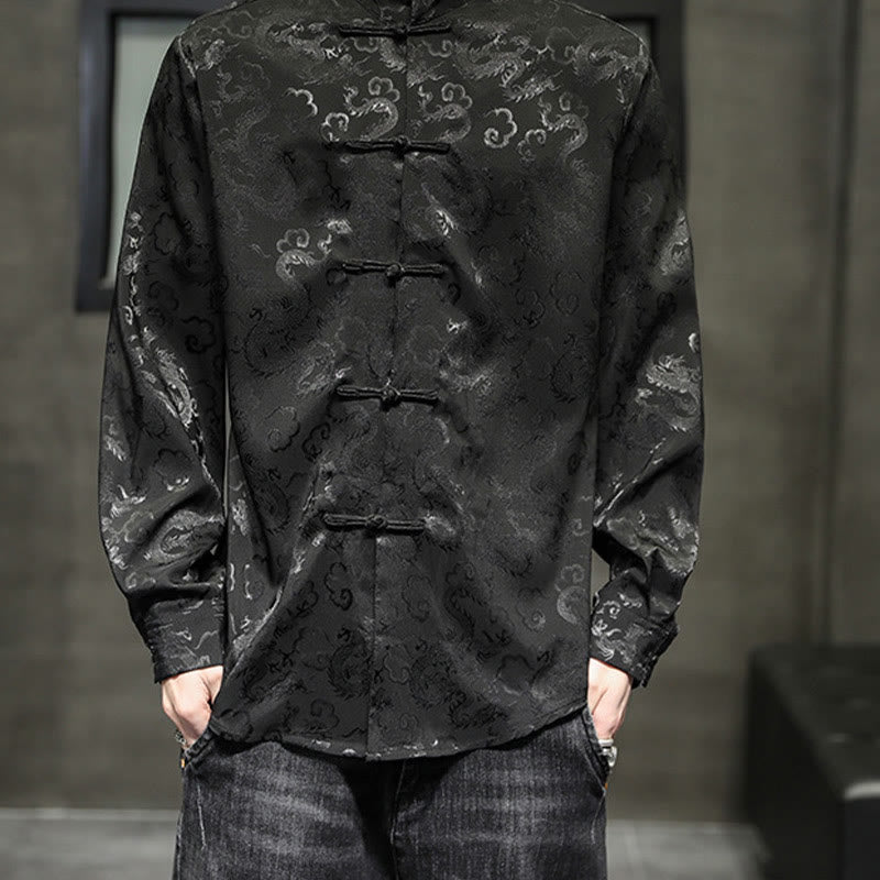 Breathable Linen Dragon Pattern Stand Collar Men's Jacket Shirt