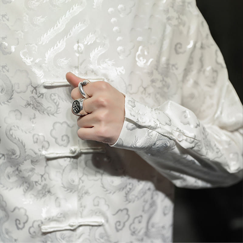 Breathable Linen Dragon Pattern Stand Collar Men's Jacket Shirt