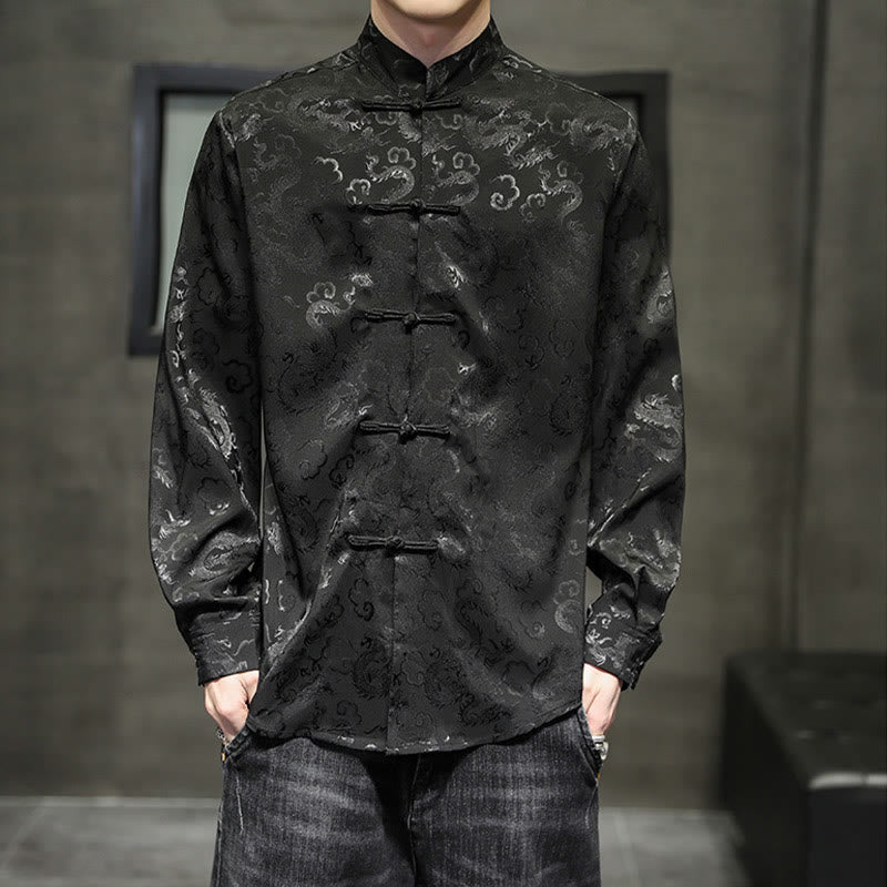 Breathable Linen Dragon Pattern Stand Collar Men's Jacket Shirt