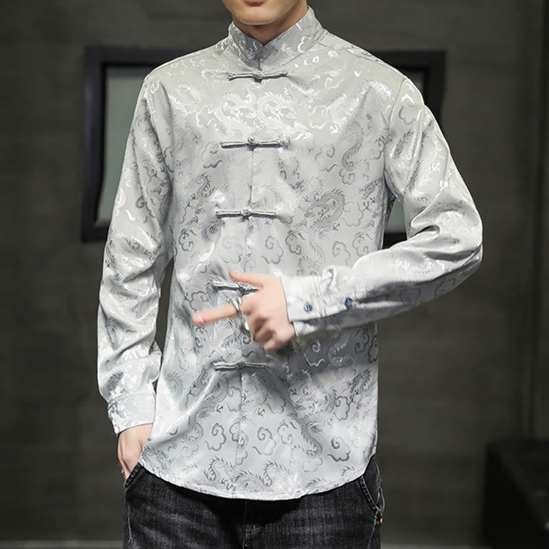 Breathable Linen Dragon Pattern Stand Collar Men's Jacket Shirt