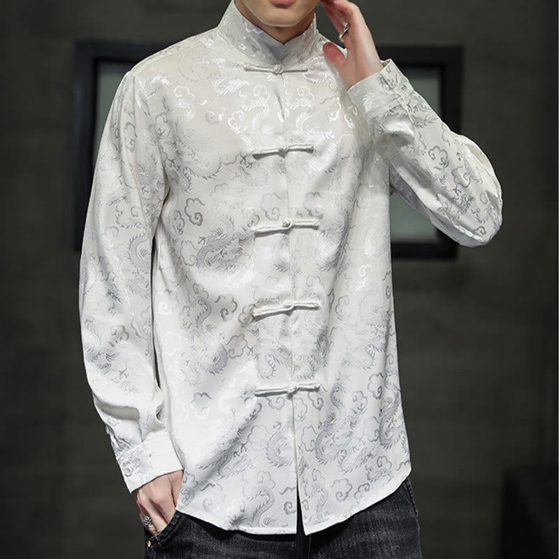 Breathable Linen Dragon Pattern Stand Collar Men's Jacket Shirt