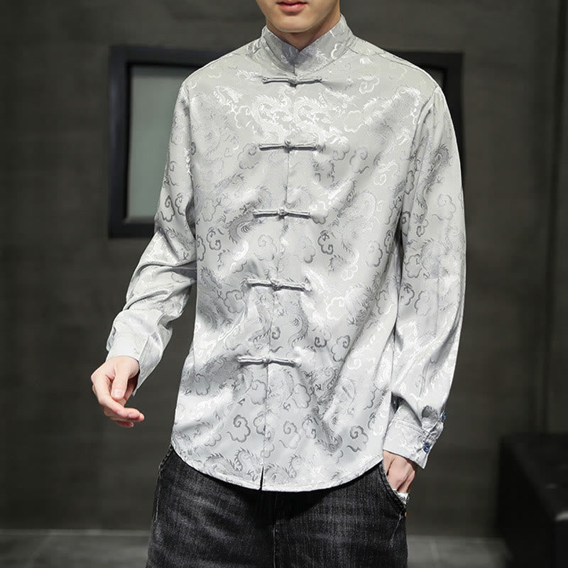 Breathable Linen Dragon Pattern Stand Collar Men's Jacket Shirt