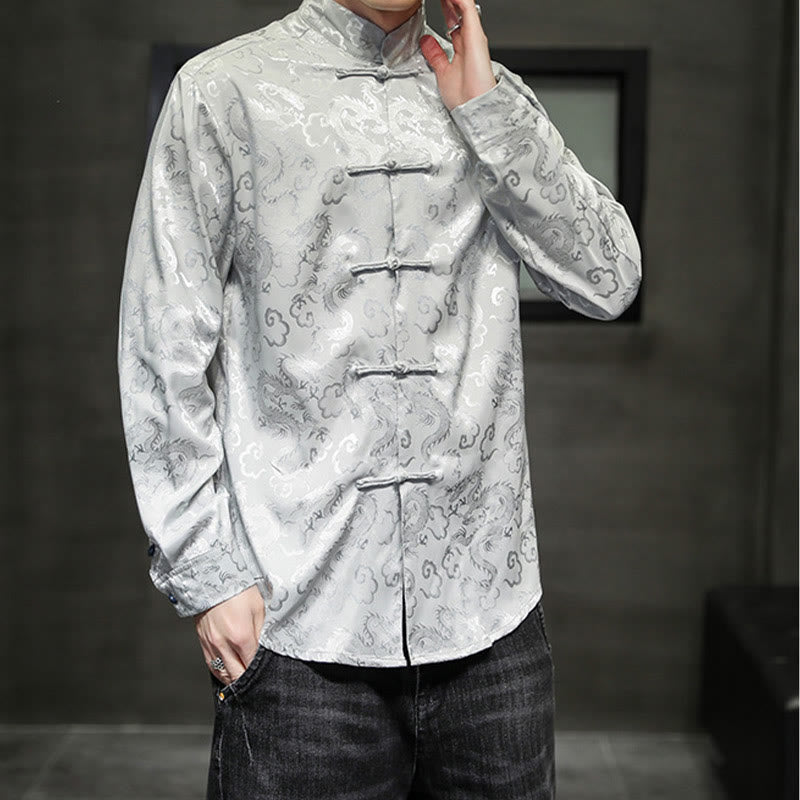 Breathable Linen Dragon Pattern Stand Collar Men's Jacket Shirt
