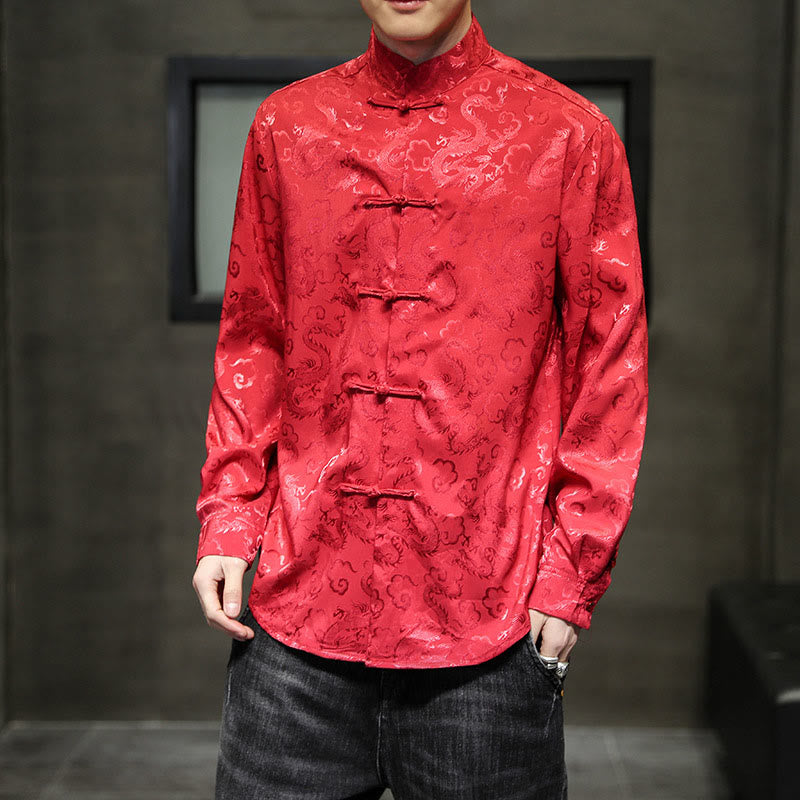 Breathable Linen Dragon Pattern Stand Collar Men's Jacket Shirt