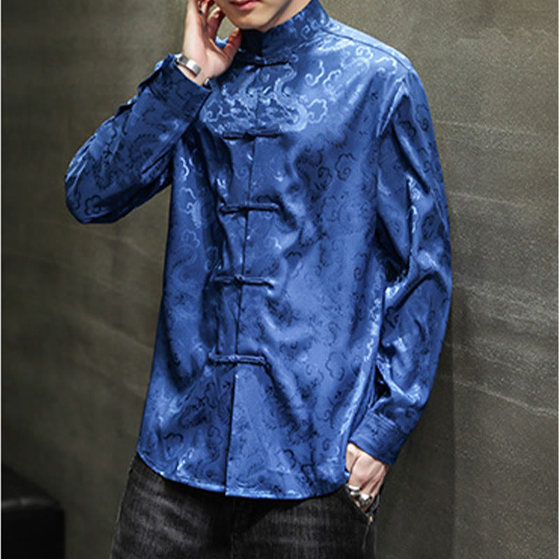 Breathable Linen Dragon Pattern Stand Collar Men's Jacket Shirt