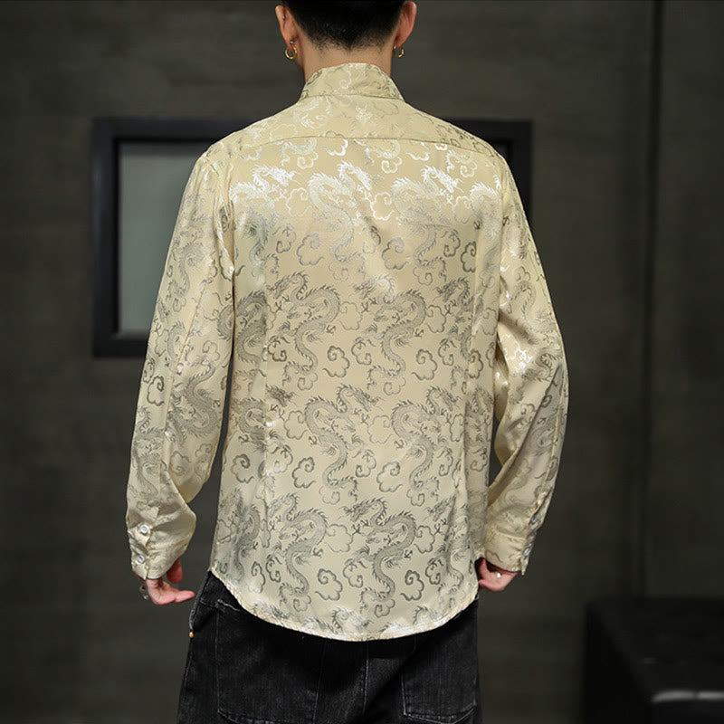 Breathable Linen Dragon Pattern Stand Collar Men's Jacket Shirt