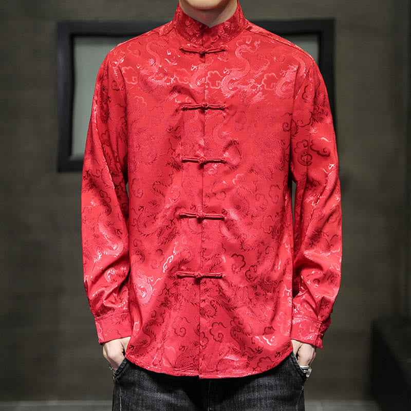 Breathable Linen Dragon Pattern Stand Collar Men's Jacket Shirt