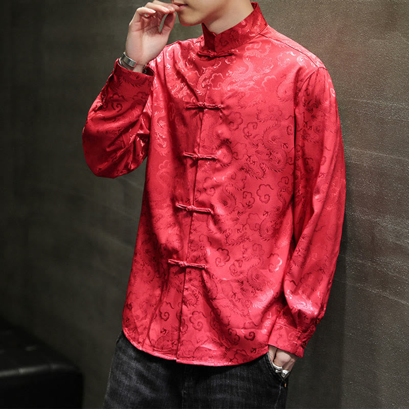 Breathable Linen Dragon Pattern Stand Collar Men's Jacket Shirt