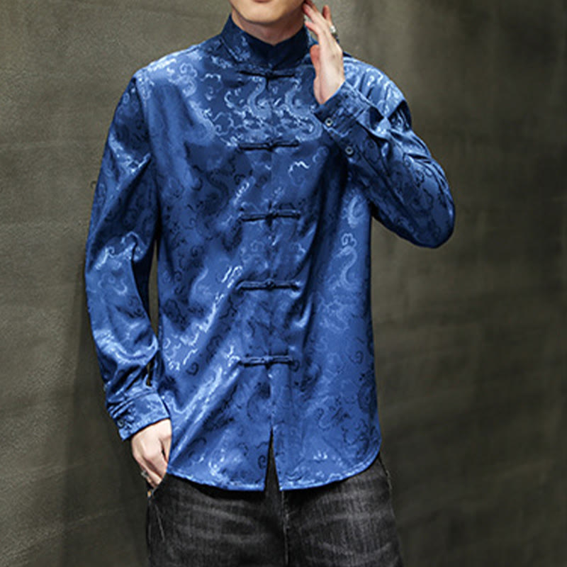 Breathable Linen Dragon Pattern Stand Collar Men's Jacket Shirt