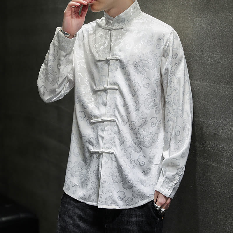 Breathable Linen Dragon Pattern Stand Collar Men's Jacket Shirt