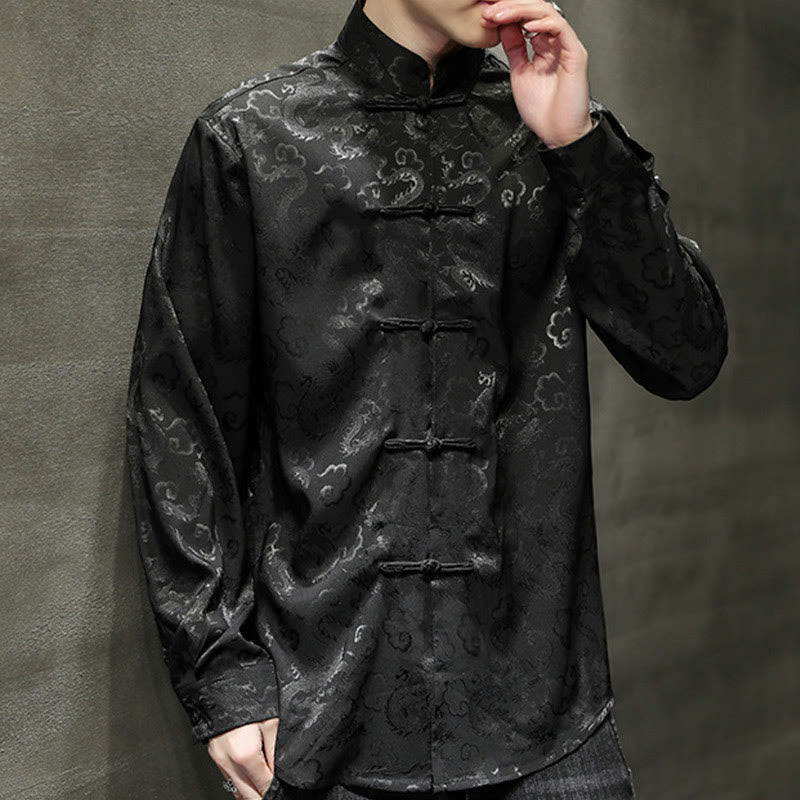 Breathable Linen Dragon Pattern Stand Collar Men's Jacket Shirt