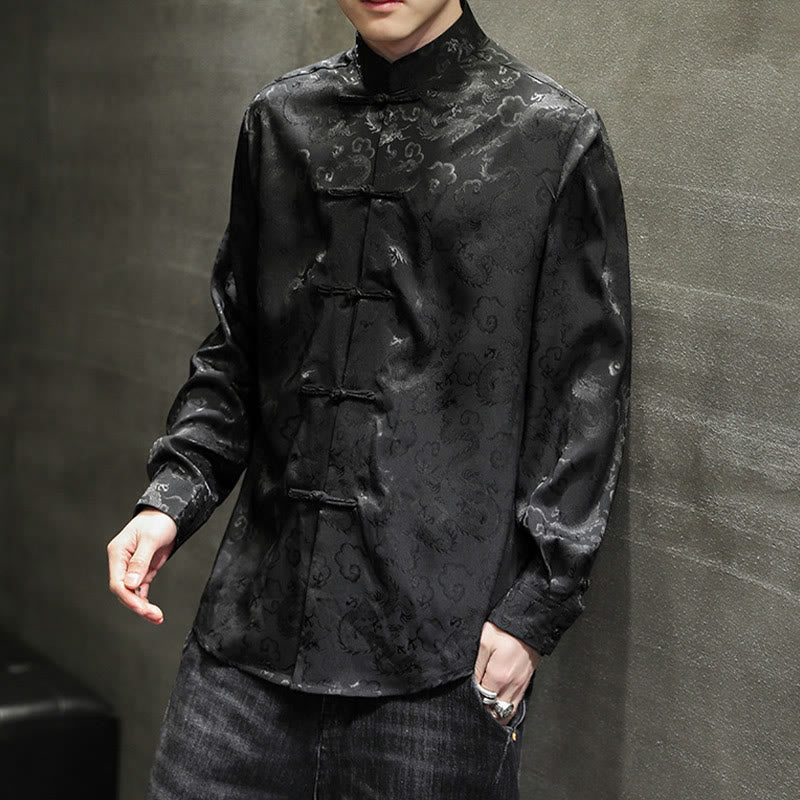 Breathable Linen Dragon Pattern Stand Collar Men's Jacket Shirt