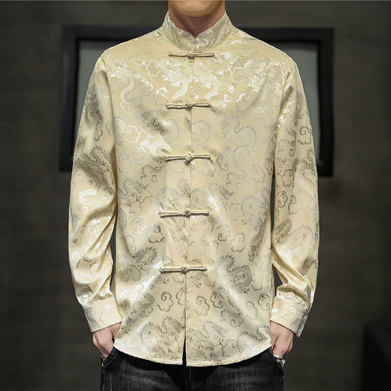 Breathable Linen Dragon Pattern Stand Collar Men's Jacket Shirt