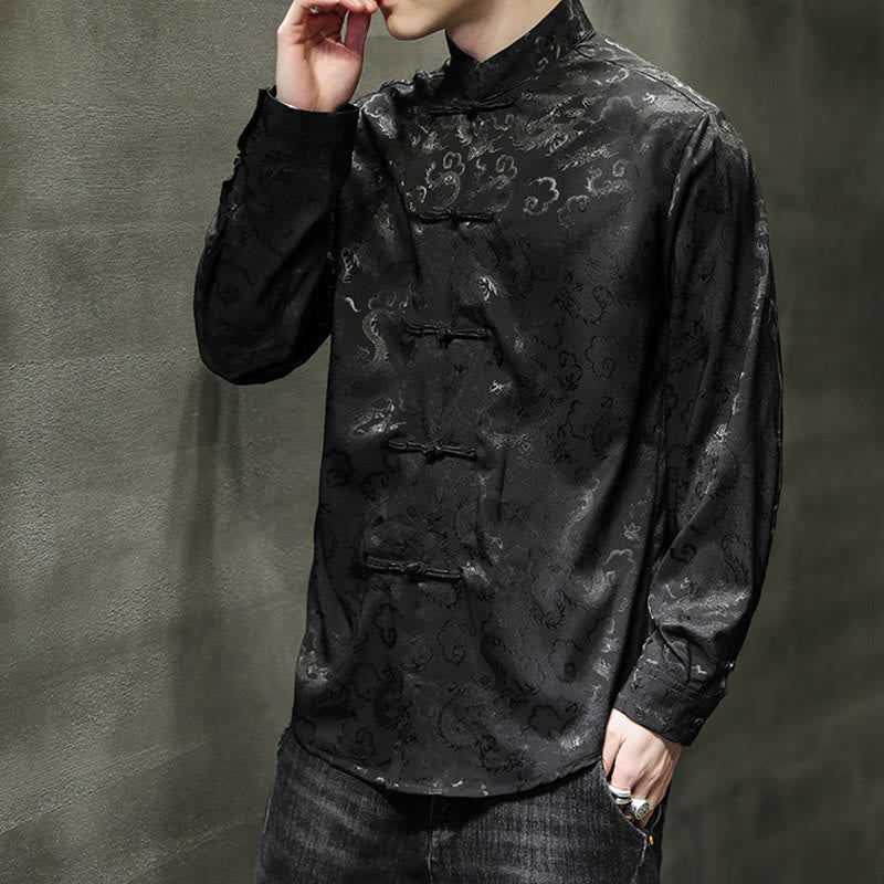 Breathable Linen Dragon Pattern Stand Collar Men's Jacket Shirt
