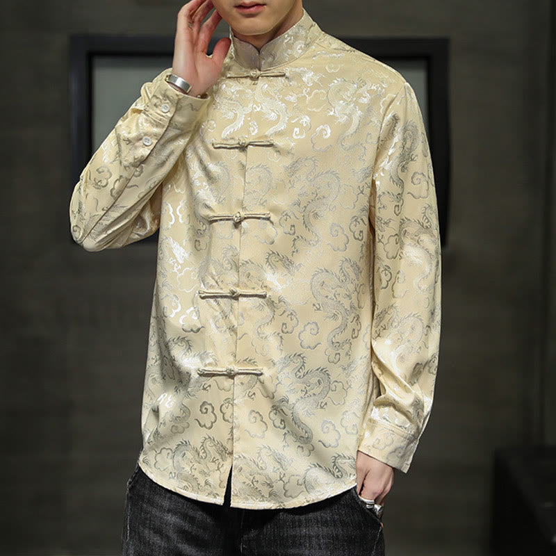 Breathable Linen Dragon Pattern Stand Collar Men's Jacket Shirt