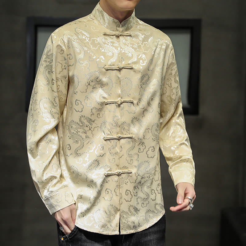 Breathable Linen Dragon Pattern Stand Collar Men's Jacket Shirt