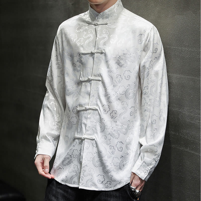 Breathable Linen Dragon Pattern Stand Collar Men's Jacket Shirt