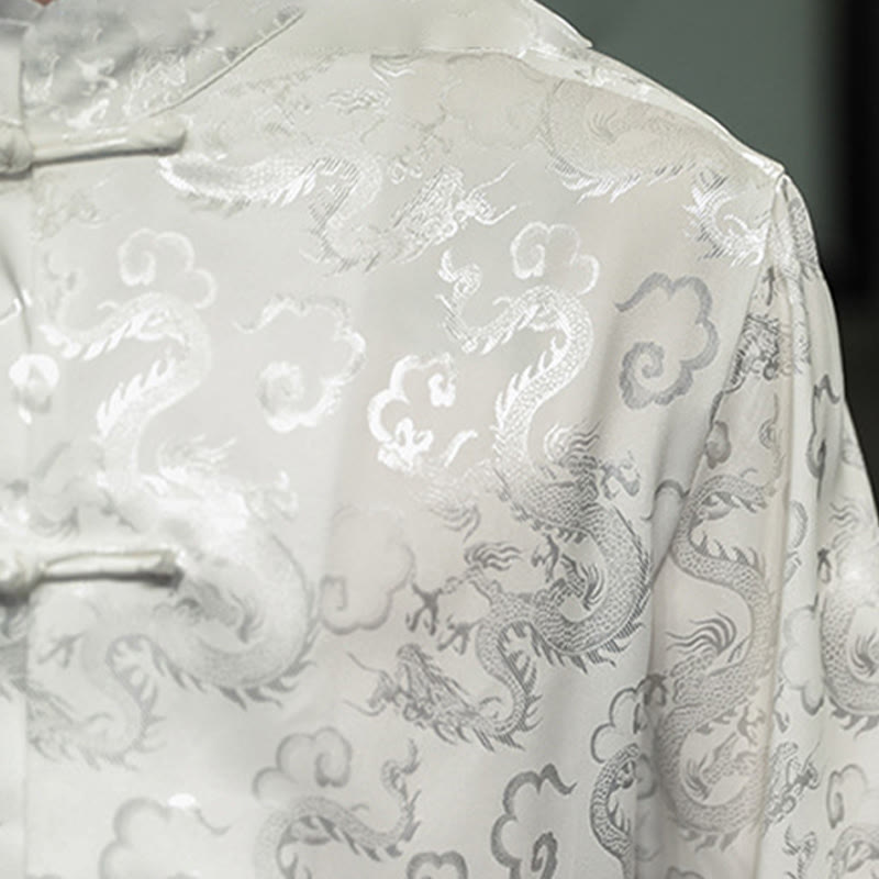 Breathable Linen Dragon Pattern Stand Collar Men's Jacket Shirt