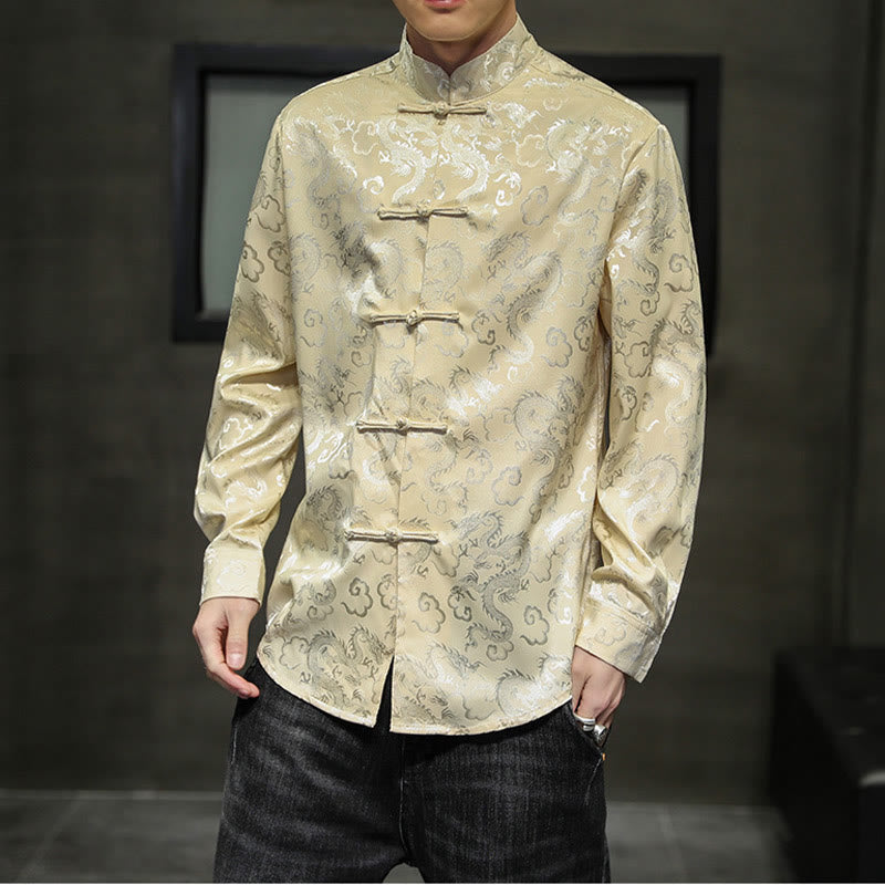Breathable Linen Dragon Pattern Stand Collar Men's Jacket Shirt