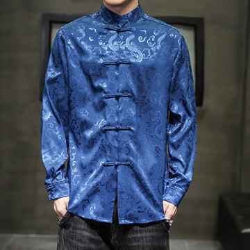 Breathable Linen Dragon Pattern Stand Collar Men's Jacket Shirt
