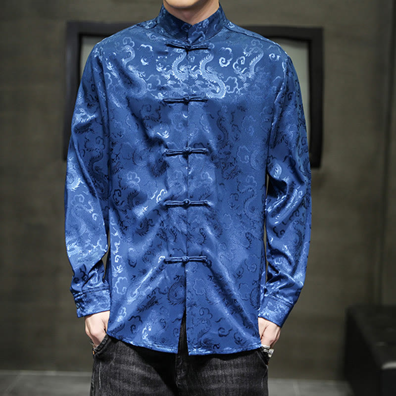 Breathable Linen Dragon Pattern Stand Collar Men's Jacket Shirt